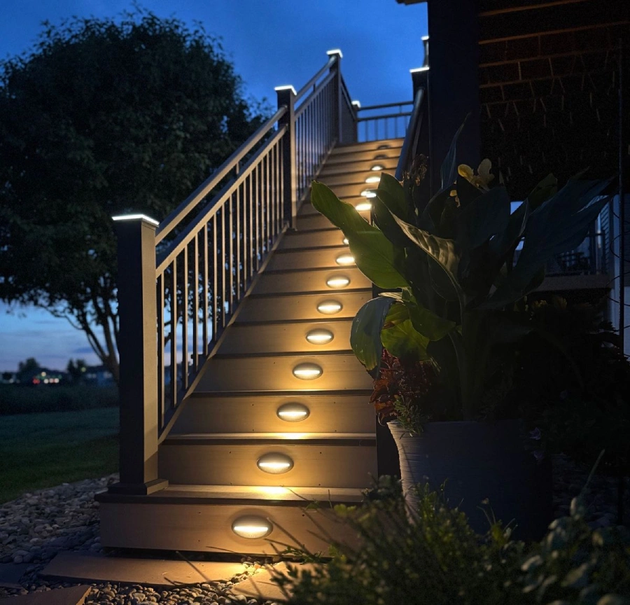 Custom deck accessories including drink rail and integrated lighting