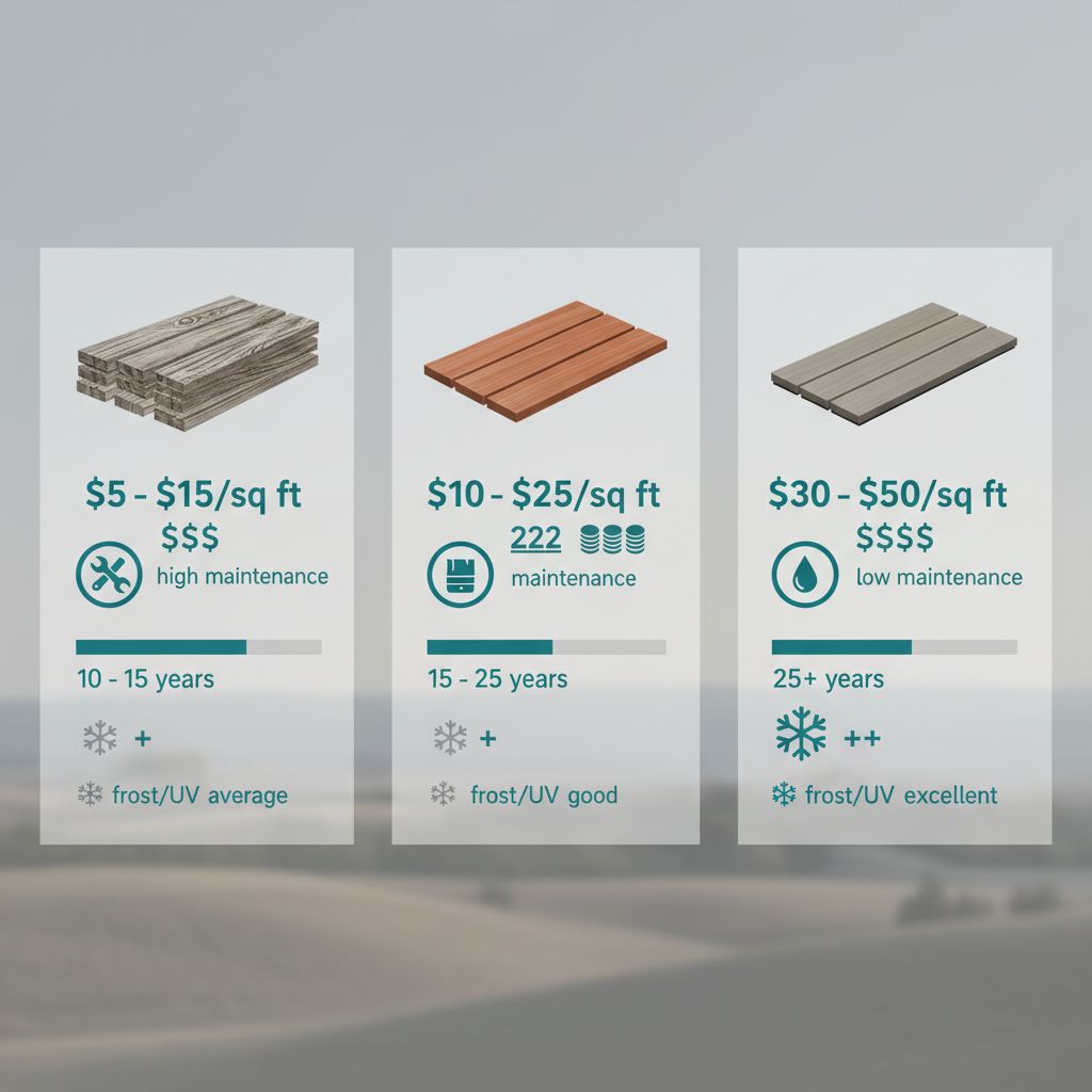 Infographic comparing deck materials: pressure-treated wood, cedar, and composite with costs, maintenance, and durability in Nebraska climate