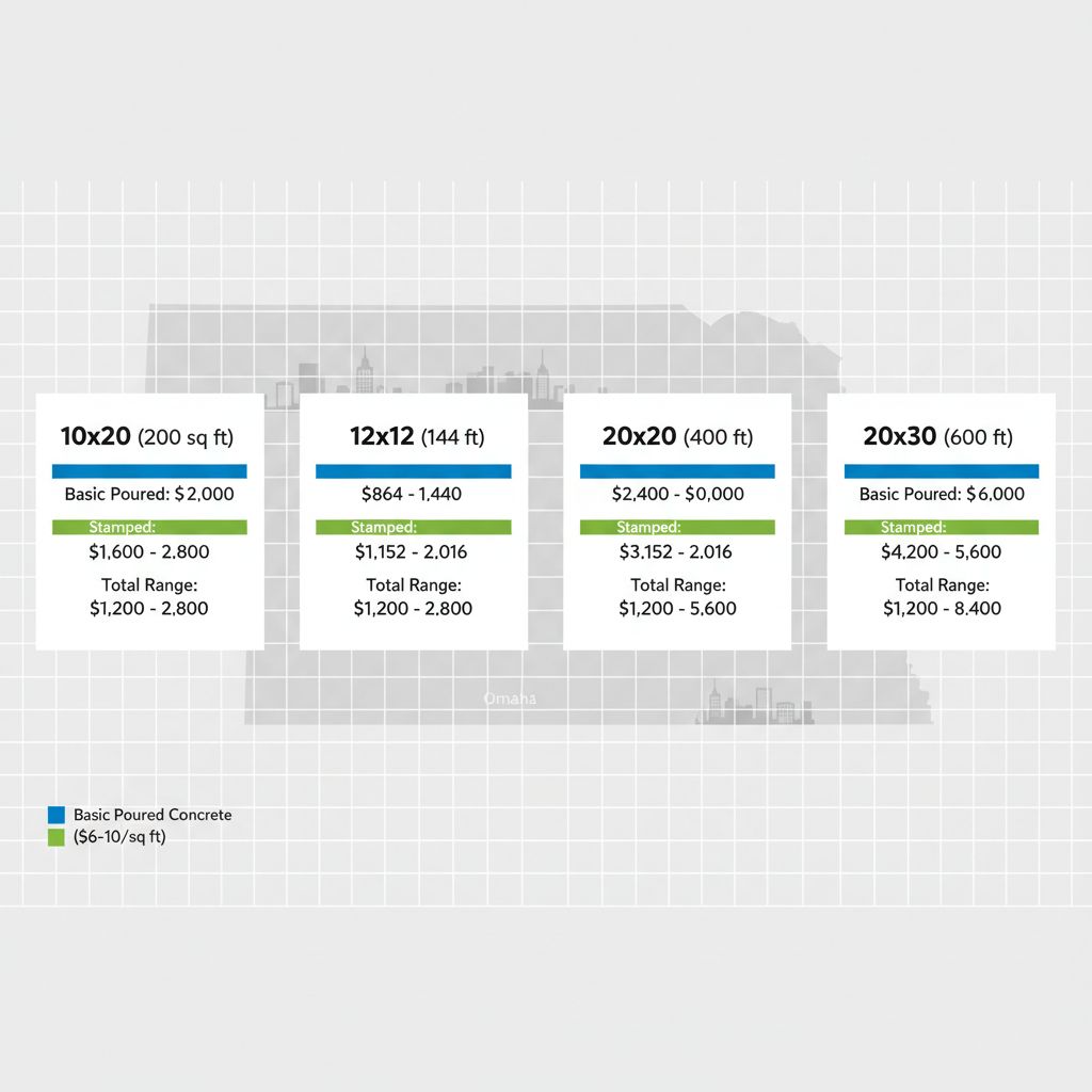 Infographic comparing costs for common concrete patio sizes in Omaha, Nebraska, including basic and stamped options.