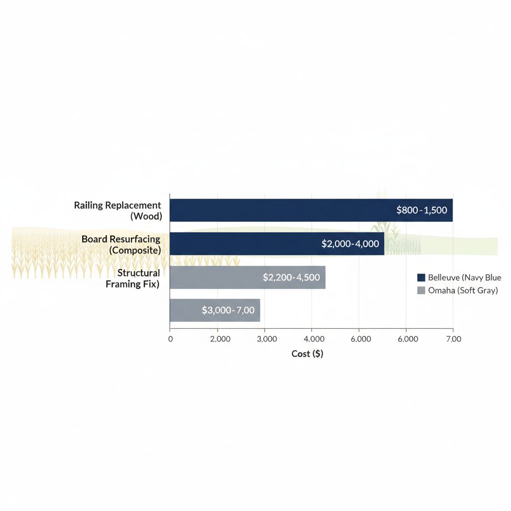Horizontal bar chart comparing deck repair costs between Bellevue and Omaha, showing three repair types with cost ranges.