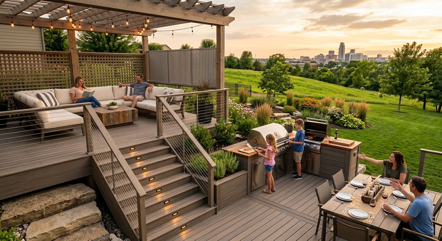 Wide-angle view of multi-zone deck in Nebraska backyard at sunset with lounge, dining, and grilling areas used by family.