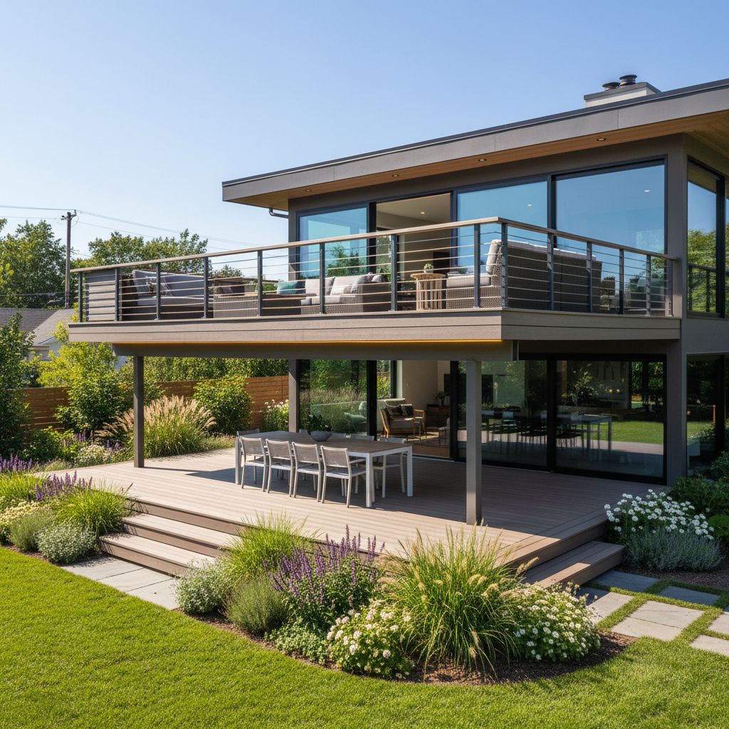Modern multi-level composite deck in backyard with lounge, dining areas, sustainable materials, LED lighting, and seamless indoor-outdoor connection to contemporary home.