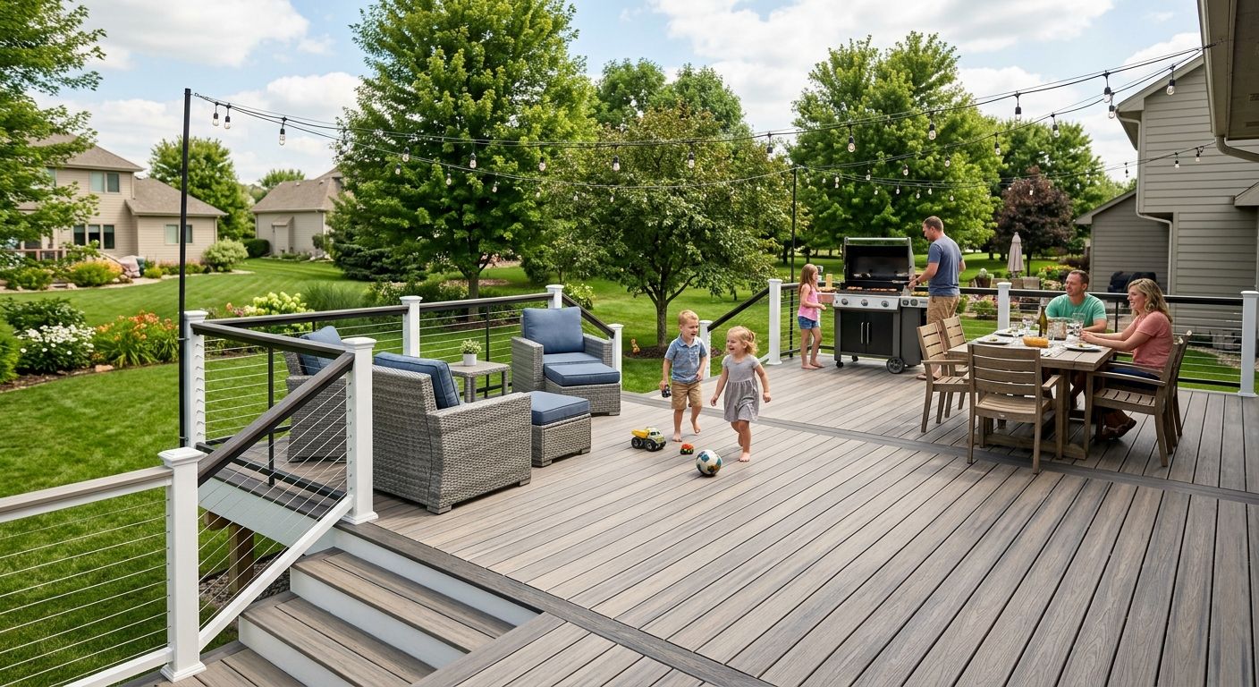 Wide-angle professional photo of modern PVC deck in Omaha backyard with family barbecuing lounge chairs dining table string lights green lawn and trees.