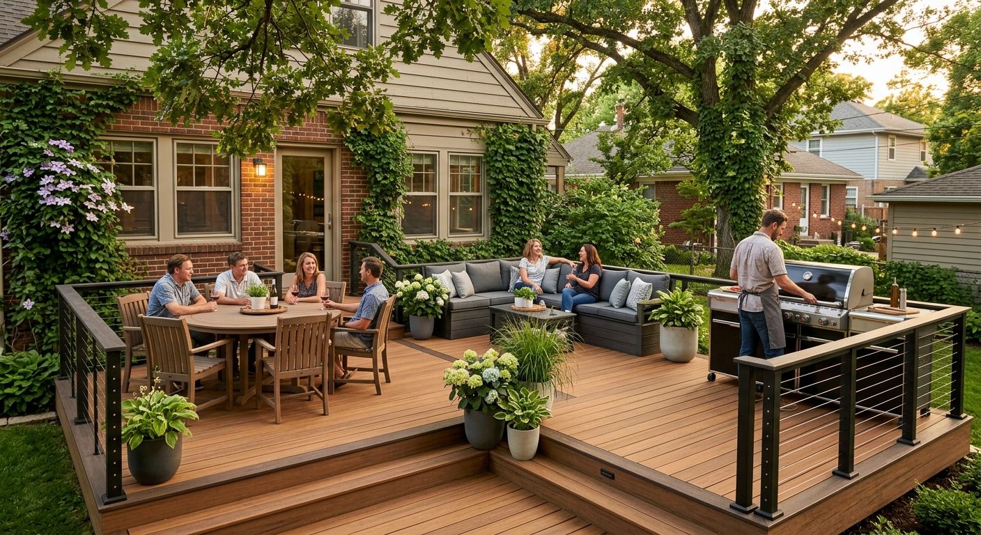 Compact multi-zone deck in small urban backyard with dining, lounging, and grilling areas, showcasing low-maintenance composite materials under golden hour light