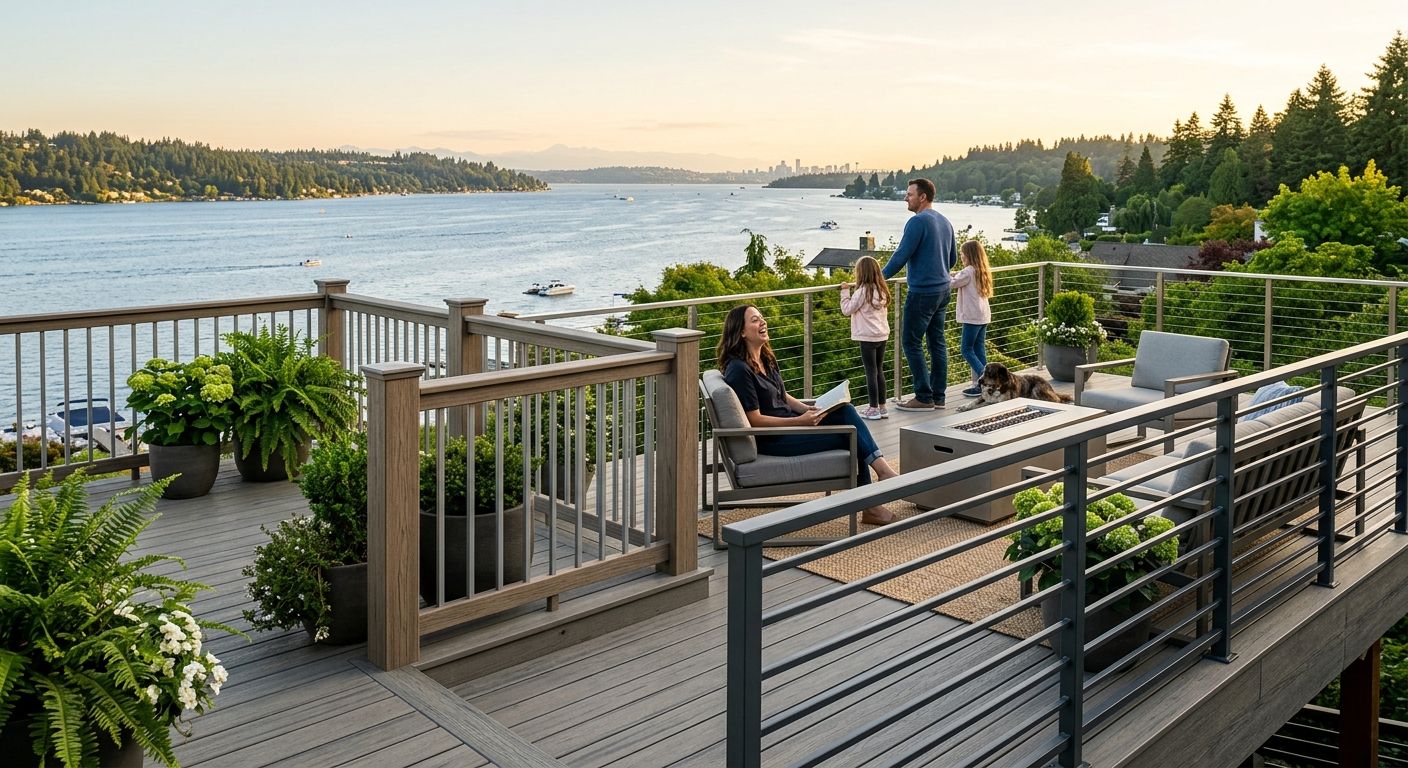 Wide-angle professional photo of modern Bellevue deck showcasing aluminum, composite, and cable railings with lake view and relaxing family.