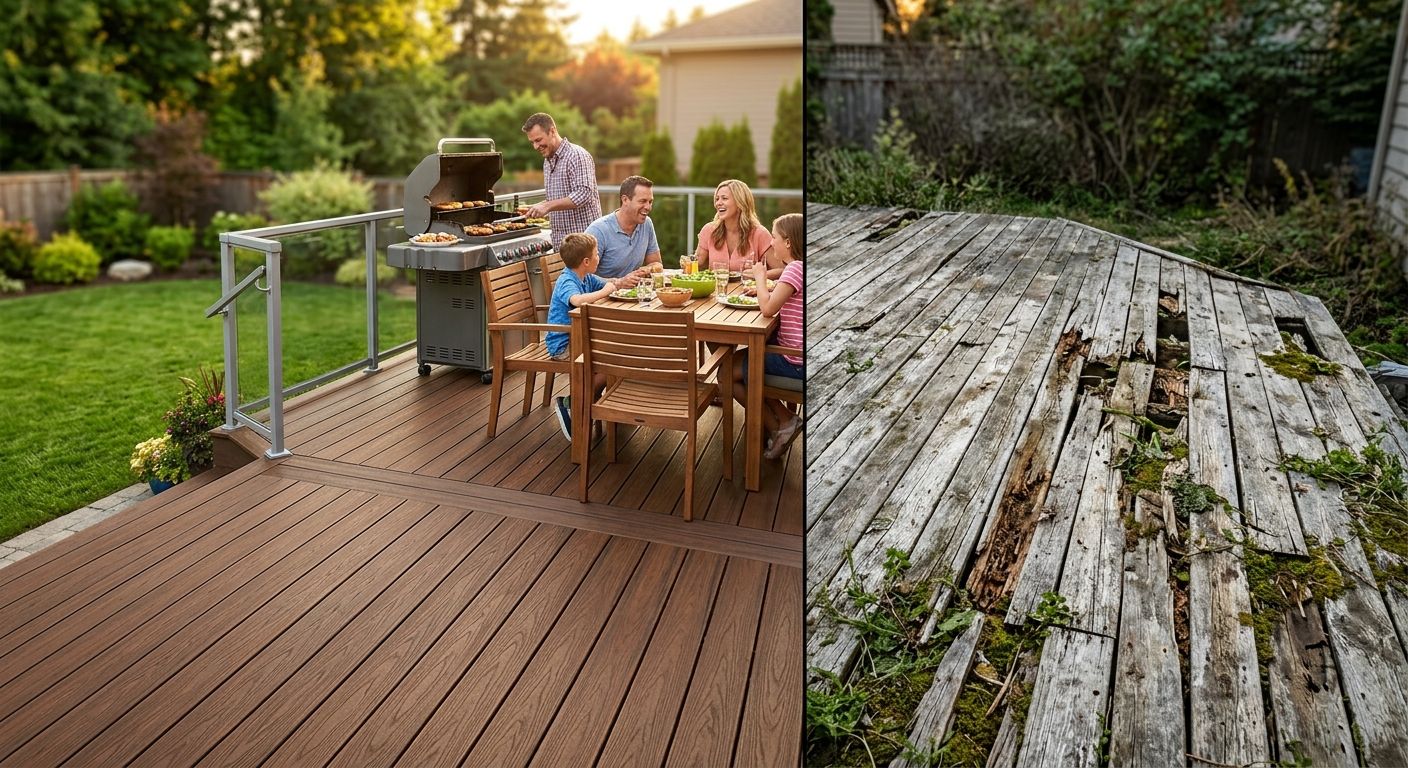 Split-image contrasting pristine composite deck with family enjoying barbecue against weathered traditional wood deck.