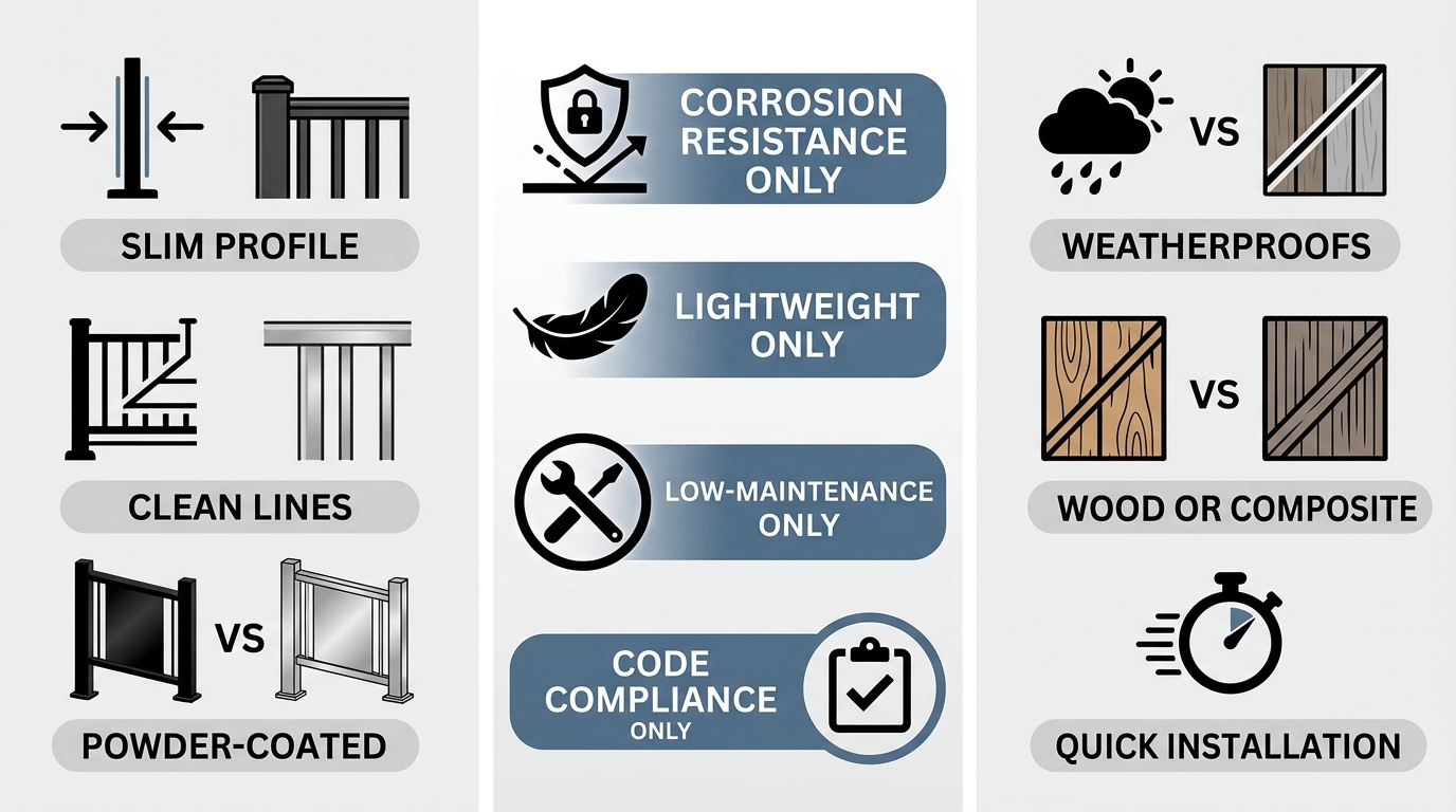 Infographic comparing features, benefits, and contrasts of sleek aluminum deck railings