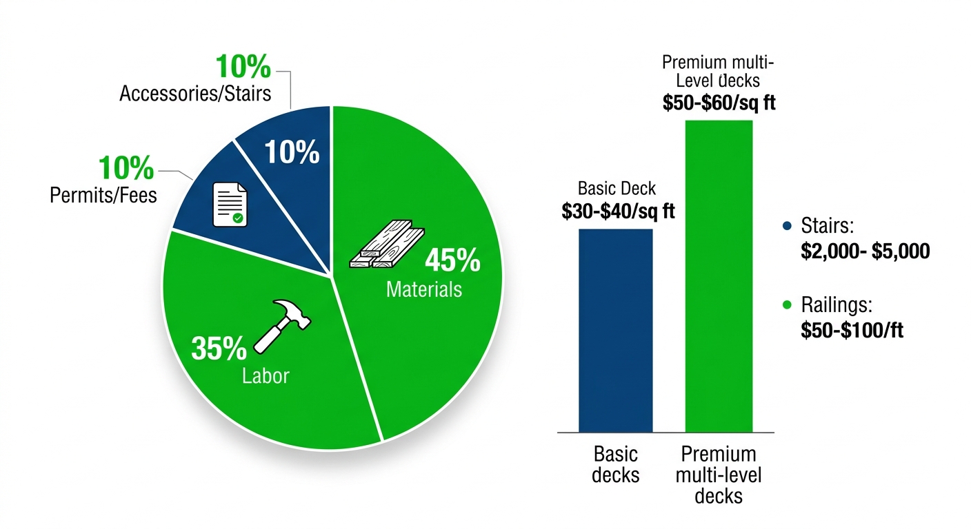 Infographic illustrating multi-zone deck cost breakdown pie chart with materials 45%, labor 35%, permits 10%, accessories 10%; bar chart per sq ft pricing basic $30-40 premium $50-60; icons and bullet points for stairs and railings.