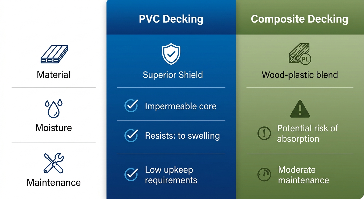 Infographic comparing PVC and composite decking: features column left, superior PVC blue middle, standard composite green right.