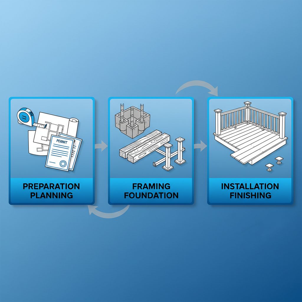 Horizontal technical illustration of three-stage Trex decking installation process: preparation, framing foundation, and finishing.