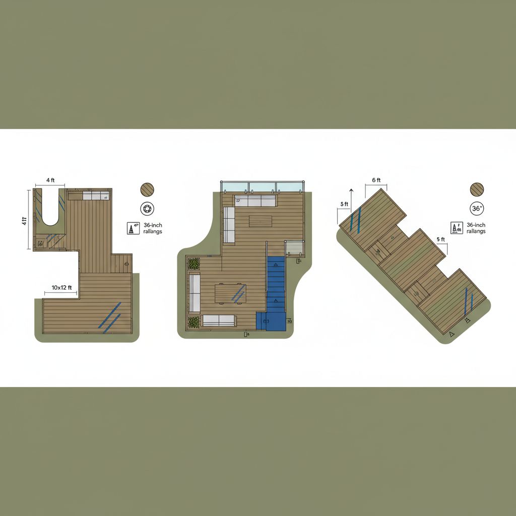 Infographic illustrating L-shaped, U-shaped, and staggered multi-level deck configurations with dimensions, elevation icons, and material details