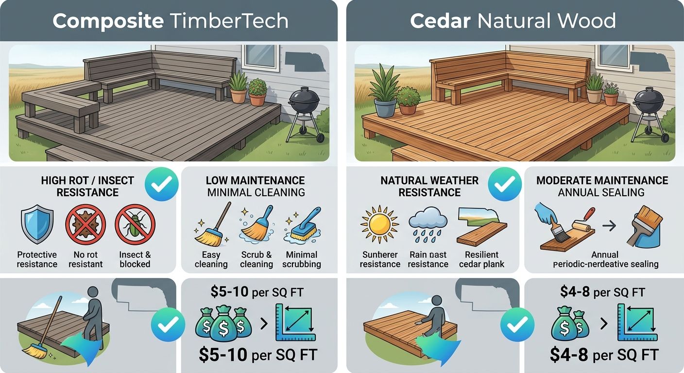 Infographic comparing Composite TimberTech and Cedar decking materials for small decks, showing resistance, maintenance, and cost metrics.