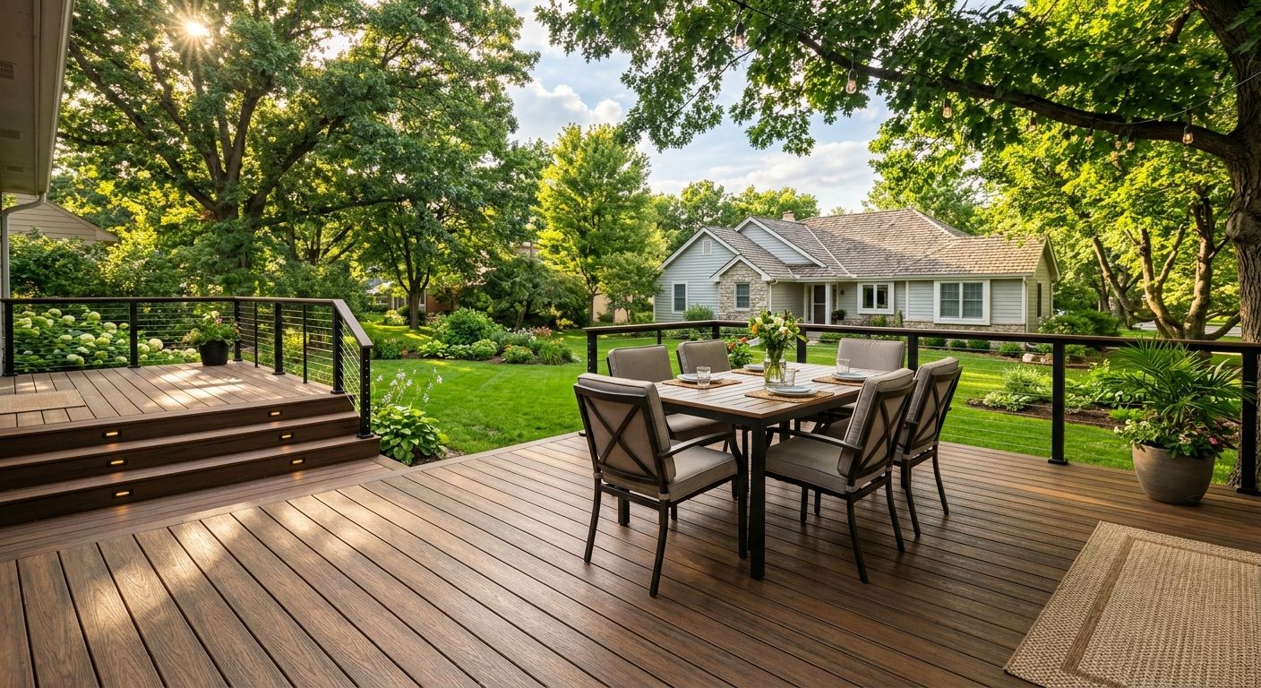 Beautiful low-maintenance composite deck in an Omaha, Nebraska backyard with outdoor furniture, surrounded by mature landscaping and warm sunlight, perfect for family gatherings.