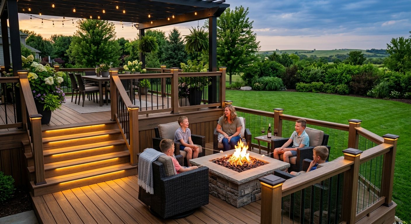 Professional photo of family enjoying custom composite deck with fire pit, LED lighting, drink rails and TimberTech materials in Nebraska backyard at dusk.
