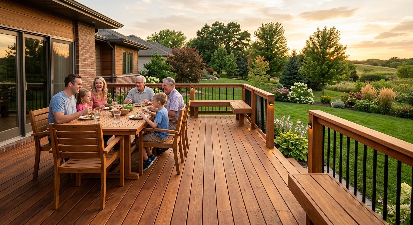 Family enjoying spacious cedar deck with natural wood grains, railings, benches, lighting in Nebraska backyard under golden sunlight.