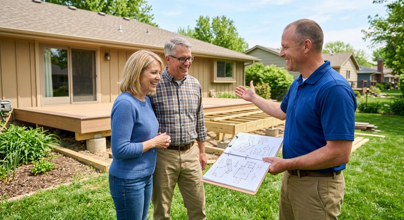 Friendly deck contractor consulting with homeowners on custom deck plans in sunny backyard