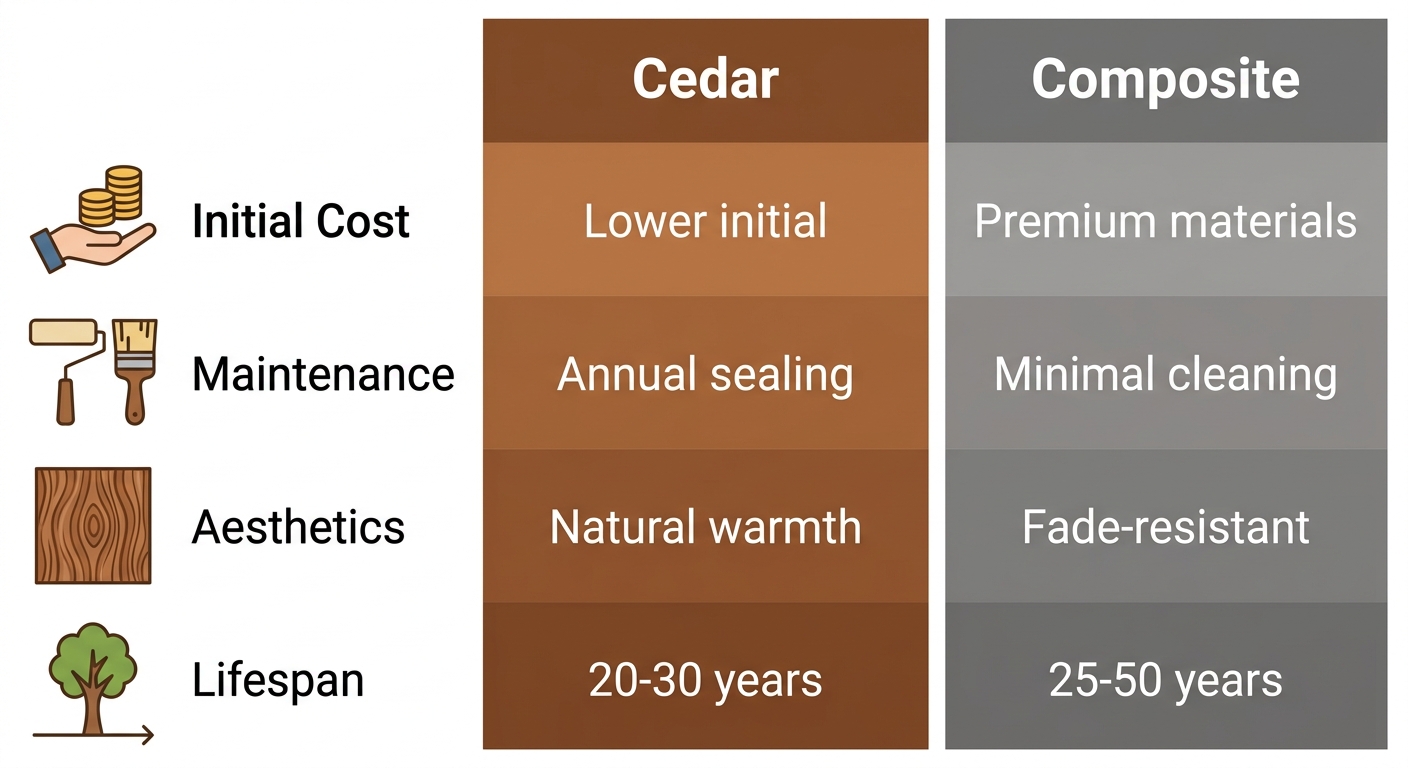 Infographic comparing cedar and composite deck features: cost, maintenance, aesthetics, lifespan