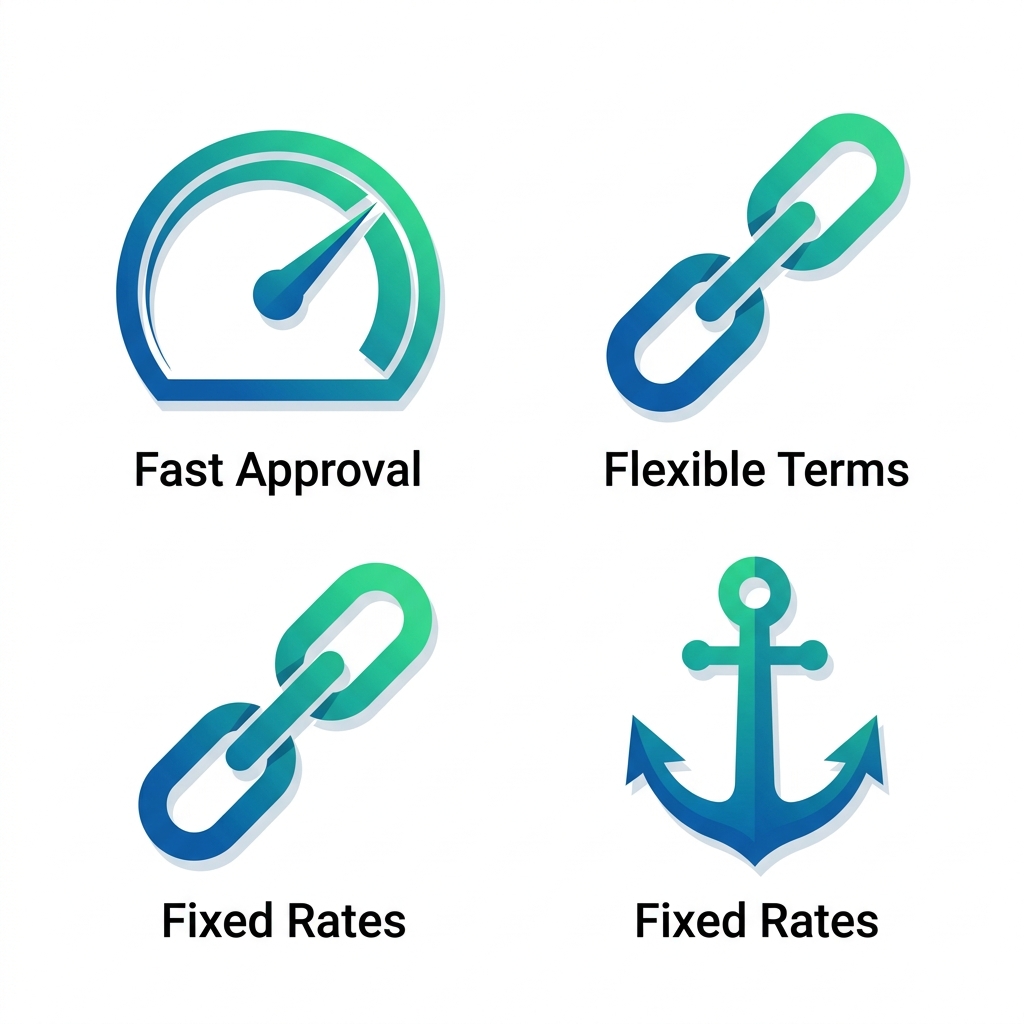Modern flat icon set showing speedometer for fast approval, chain link for flexible terms, and anchor for fixed rates of personal loans for deck projects
