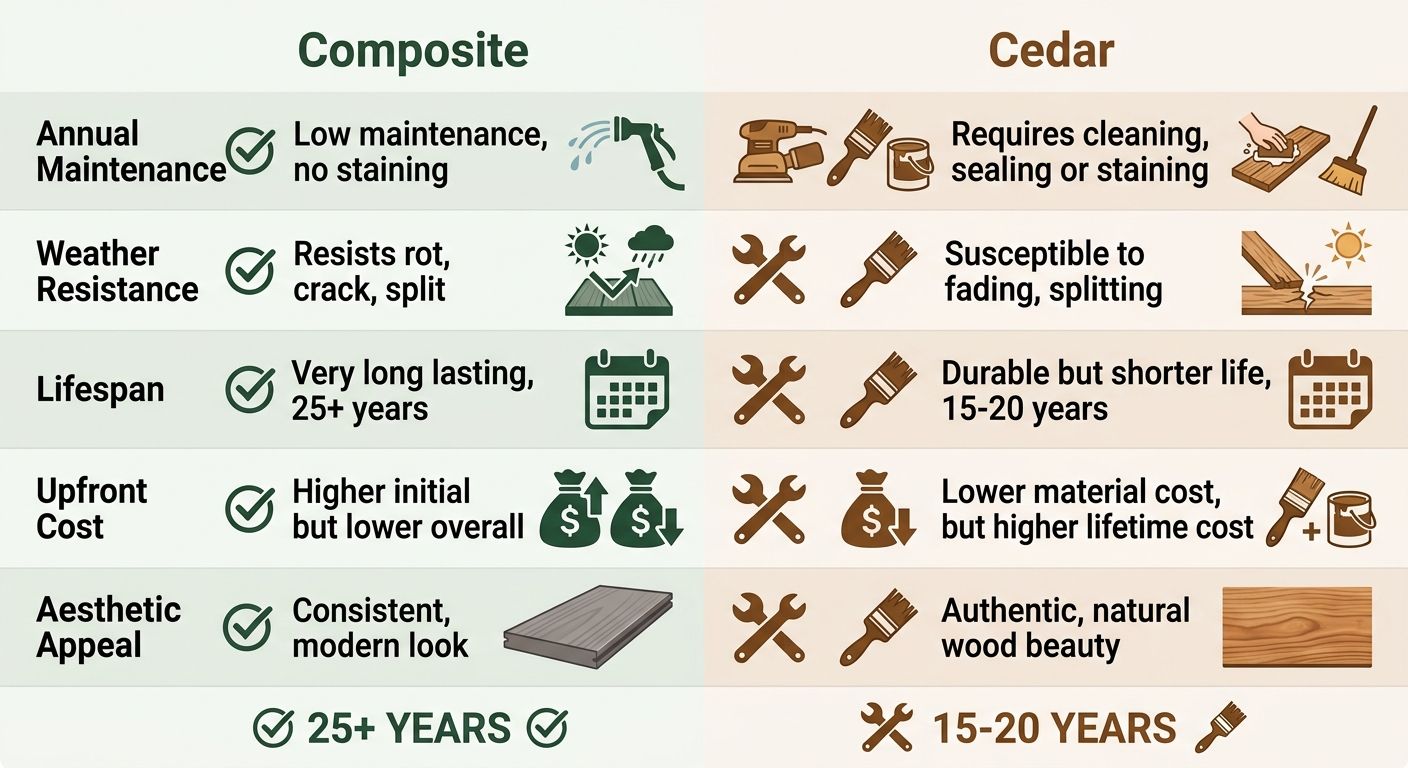 Side-by-side infographic comparison between composite decking and cedar wood across five maintenance and cost factors with a lifespan bar at the bottom.