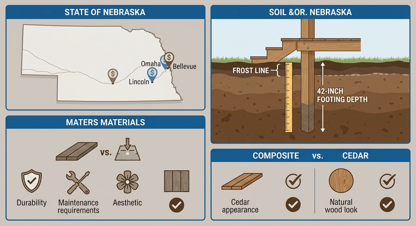 Infographic showing Nebraska composite deck factors including map, footing depth diagram, and material comparison.