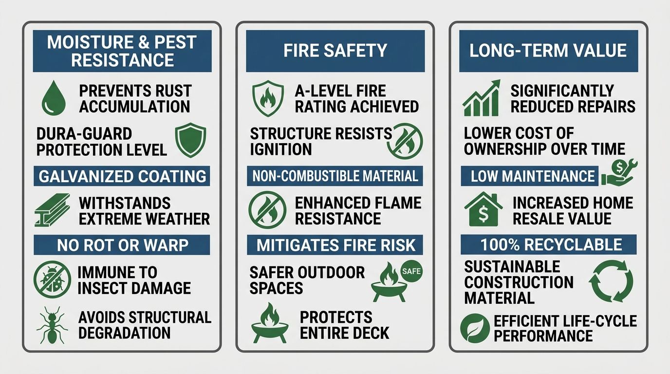 Visual showcasing three key benefits of steel deck framing: moisture resistance, fire safety, and long-term value.