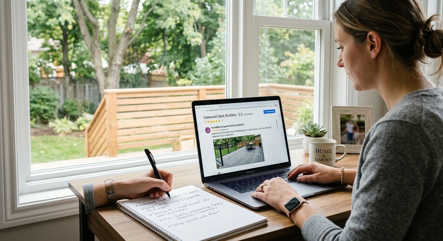 Homeowner reviewing a deck builder's ratings on a laptop