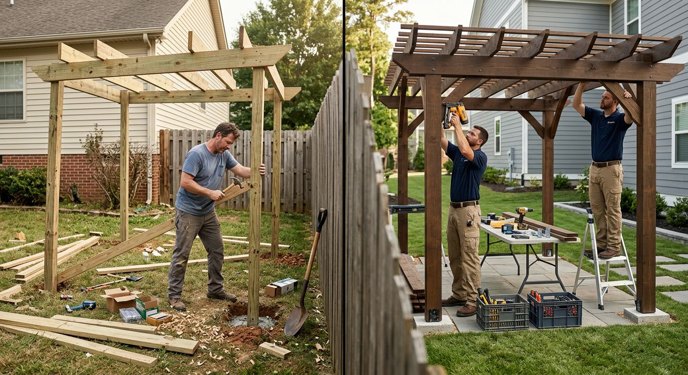 Split-scene photo showing the contrast between a messy DIY pergola installation and a professional build with organized carpenters on a sunny day.