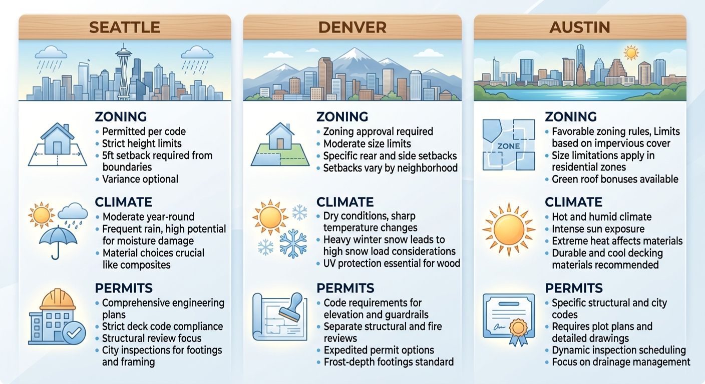 Three-column infographic comparing custom deck project considerations for Omaha, Bellevue, and Papillion with zoning, climate, and permit icons.