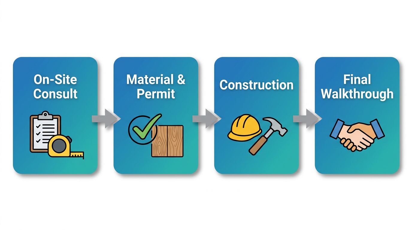 Process-flow diagram illustrating four stages of professional pergola installation: On-Site Consultation, Material Selection and Permitting, Construction, and Final Walkthrough, with icons and directional arrows in a horizontal layout.