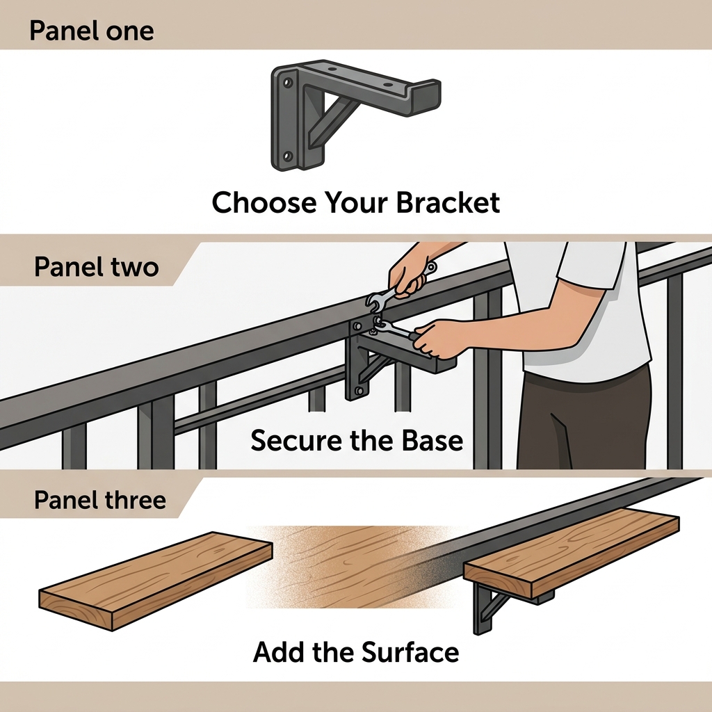 Infographic showing three simple installation steps for deck bar top brackets: choose bracket, secure base, add surface.